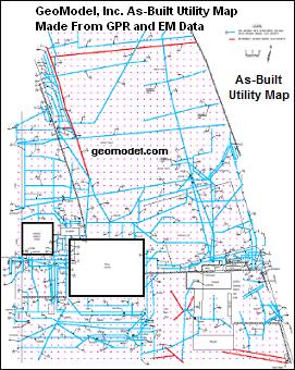 As-built utility map based on ground penetrating radar (GPR) data and metal detection (EM) data obtained by GeoModel, Inc.